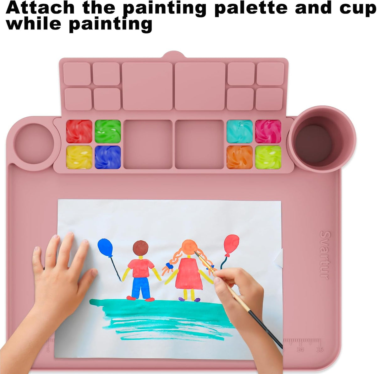 Svartur Silicone Art Mat - 17" X 13" With Cup and Palette, Raised Edge for Craft, Artist Creator Mat for Resin DIY, Coral Pink