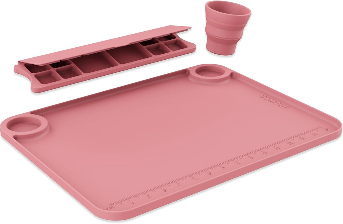 Svartur Silicone Art Mat - 17" X 13" With Cup and Palette, Raised Edge for Craft, Artist Creator Mat for Resin DIY, Coral Pink