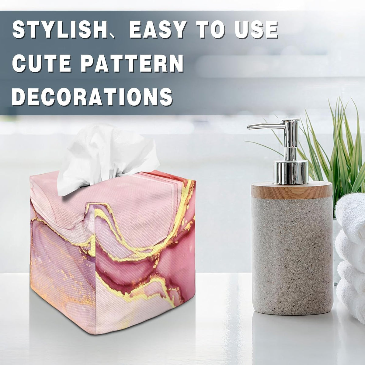 Tissue Box Cover Square Decorative Tissue Box Holder Cute Funny Cube Tissue Case Cover-Pink Marble Tissue Box Cover
