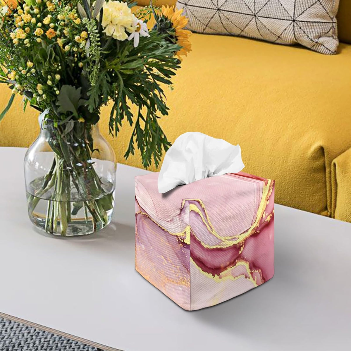Tissue Box Cover Square Decorative Tissue Box Holder Cute Funny Cube Tissue Case Cover-Pink Marble Tissue Box Cover