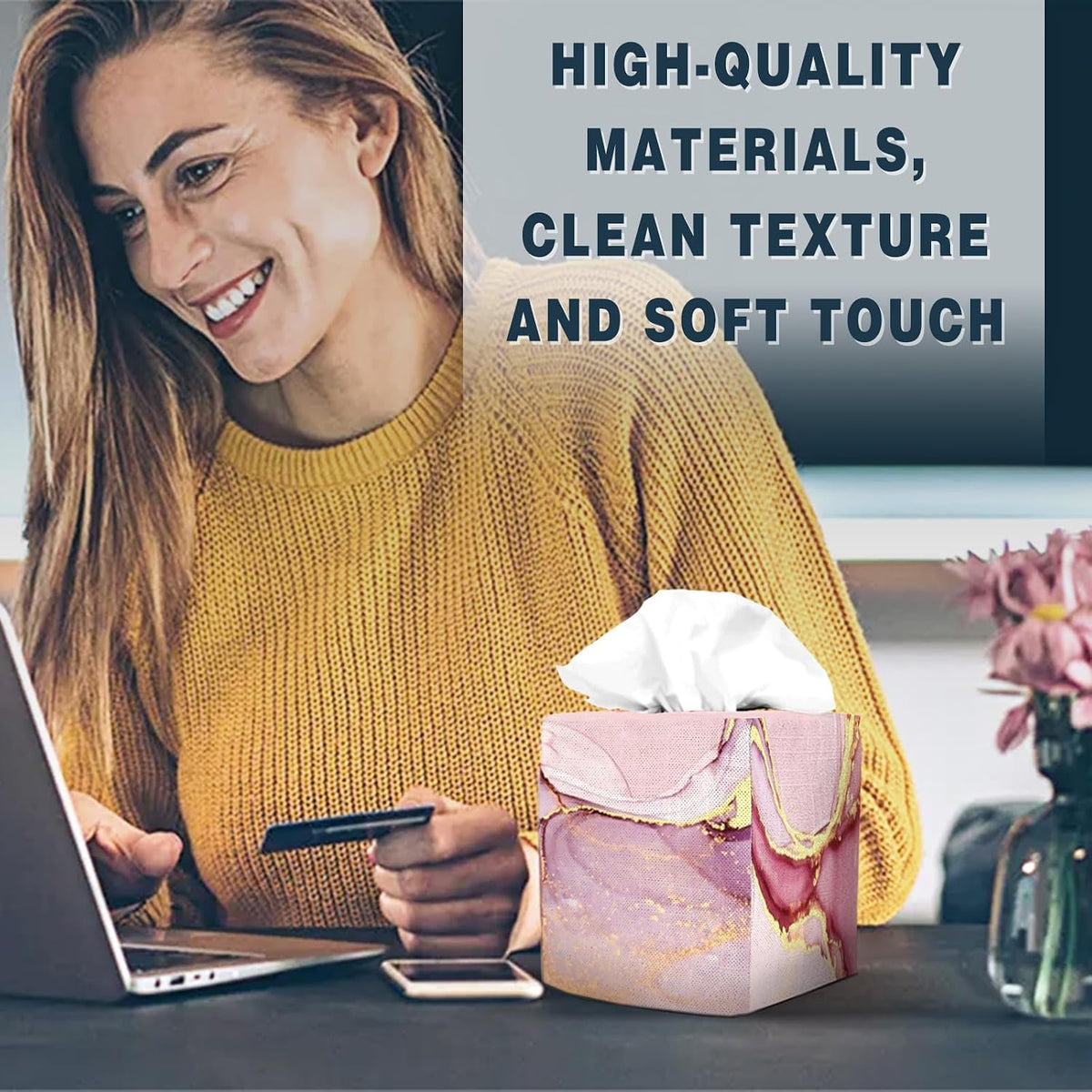 Tissue Box Cover Square Decorative Tissue Box Holder Cute Funny Cube Tissue Case Cover-Pink Marble Tissue Box Cover