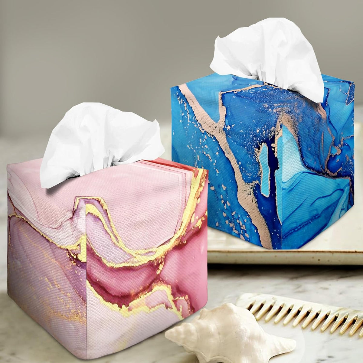 Tissue Box Cover Square Decorative Tissue Box Holder Cute Funny Cube Tissue Case Cover-Pink Marble Tissue Box Cover