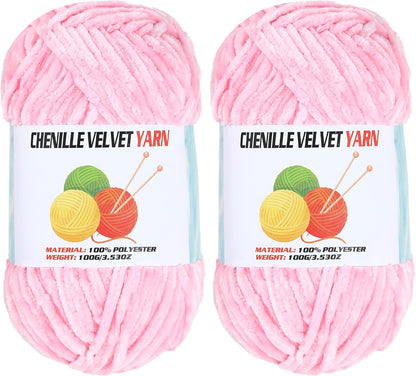 2 * 100g Velvet Chenille Chunky Yarn, Handcrafts Weaving Soft Chenille Yarn for Crocheting Clearance, Used for Making Baby Yarn Blanket, Clothes, Knitting Creations (Pink)
