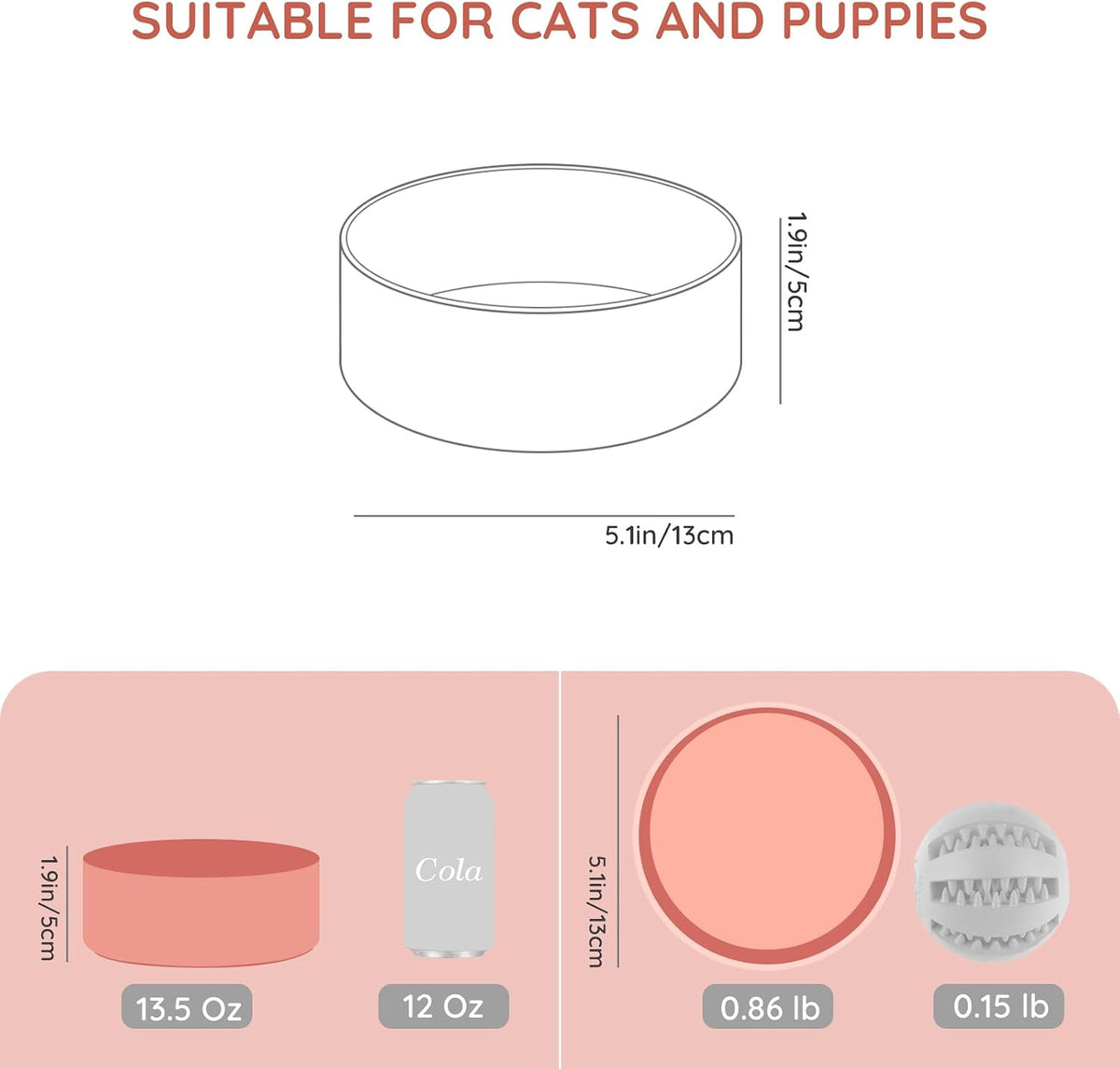 13.5OZ Ceramic Dog and Cat Bowl, Modern Cute Weighted Food Water Bowl for Replacement Pink (1 Pack)