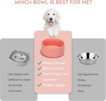 13.5OZ Ceramic Dog and Cat Bowl, Modern Cute Weighted Food Water Bowl for Replacement Pink (1 Pack)