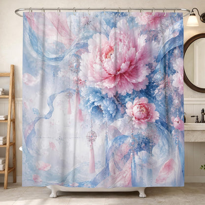 Peony Shower Curtain, Romantic Elegant Ribbons Floral Spring Peach Waterproof Fabric Toile Cloth Shower Curtains for Bathroom Bathtub Apartment Decor 72x72 Inch