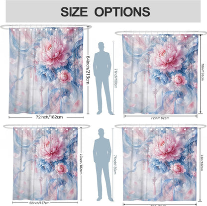 Peony Shower Curtain, Romantic Elegant Ribbons Floral Spring Peach Waterproof Fabric Toile Cloth Shower Curtains for Bathroom Bathtub Apartment Decor 72x72 Inch