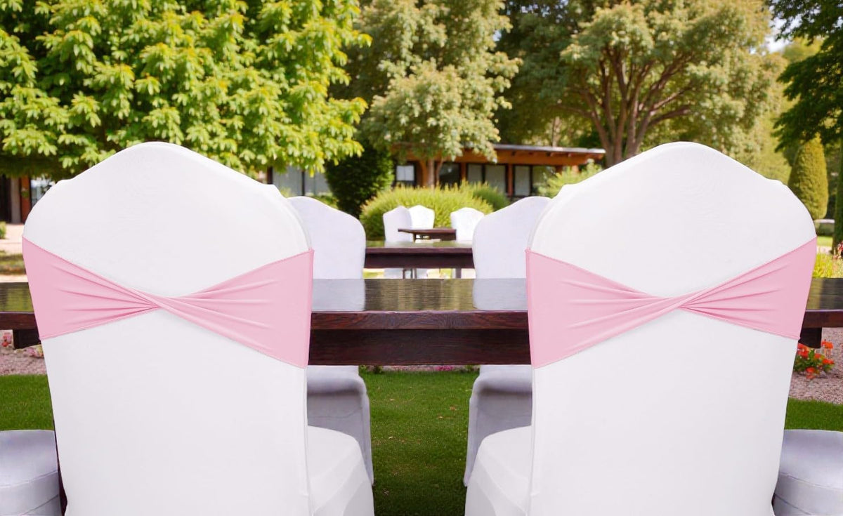 Pack of 25 PCS | Pink | Spandex Chair Sashes Bows Without Buckle | Stretch Elastic Banquet Universal Folding Chair Band Tie with for Wedding Party Conference Celebration Event Decoration