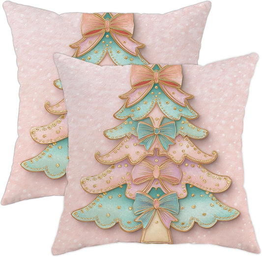 Christmas Tree Throw Pillow Covers Set of 2, Festive Fanciful Bows Polka Dots Xmas Peach with Hidden Zipper Cushion Covers Pillow for Living Room Bedroom Loft Office Car Decor 18x18 Inch