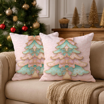 Christmas Tree Throw Pillow Covers Set of 2, Festive Fanciful Bows Polka Dots Xmas Peach with Hidden Zipper Cushion Covers Pillow for Living Room Bedroom Loft Office Car Decor 18x18 Inch