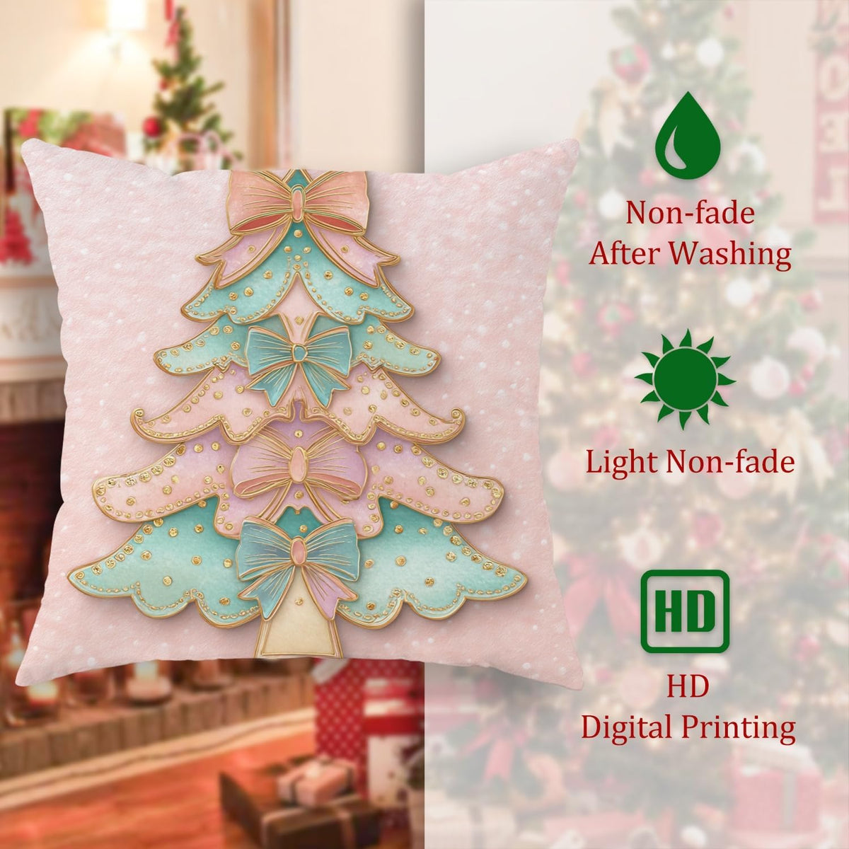 Christmas Tree Throw Pillow Covers Set of 2, Festive Fanciful Bows Polka Dots Xmas Peach with Hidden Zipper Cushion Covers Pillow for Living Room Bedroom Loft Office Car Decor 18x18 Inch