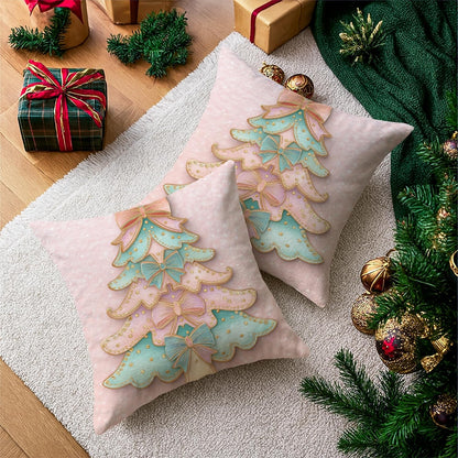 Christmas Tree Throw Pillow Covers Set of 2, Festive Fanciful Bows Polka Dots Xmas Peach with Hidden Zipper Cushion Covers Pillow for Living Room Bedroom Loft Office Car Decor 18x18 Inch