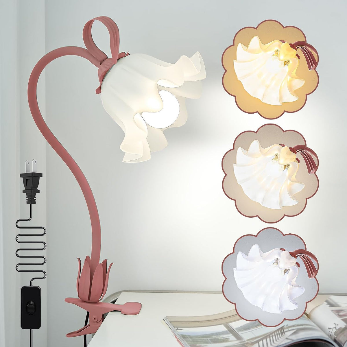 Desk Lamp Flower Clip on Light,3 Color Modes Book Light Flexible Gooseneck LED Reading Light with Clamp Eye-Care Clip on Lamp for Bed Headboard Study Office Dorm (Pink Lamp)