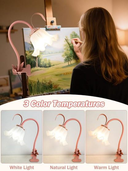 Desk Lamp Flower Clip on Light,3 Color Modes Book Light Flexible Gooseneck LED Reading Light with Clamp Eye-Care Clip on Lamp for Bed Headboard Study Office Dorm (Pink Lamp)