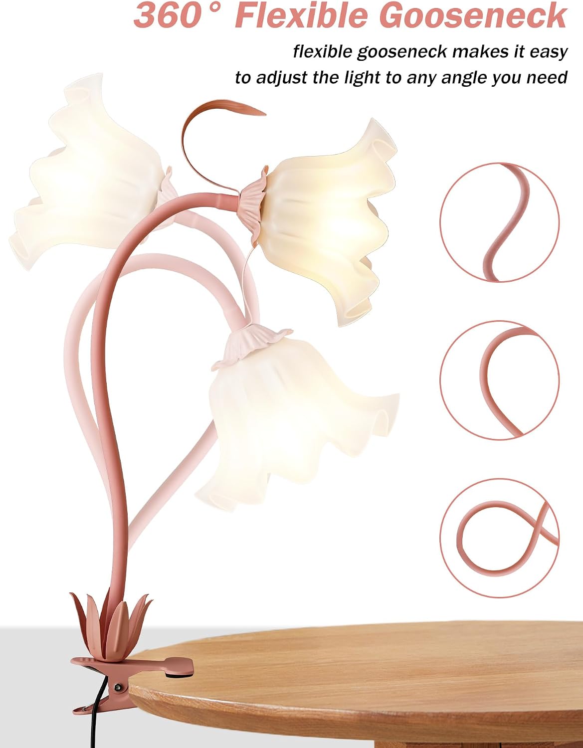 Desk Lamp Flower Clip on Light,3 Color Modes Book Light Flexible Gooseneck LED Reading Light with Clamp Eye-Care Clip on Lamp for Bed Headboard Study Office Dorm (Pink Lamp)