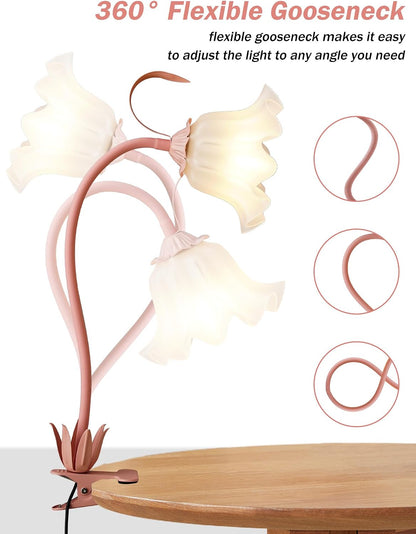 Desk Lamp Flower Clip on Light,3 Color Modes Book Light Flexible Gooseneck LED Reading Light with Clamp Eye-Care Clip on Lamp for Bed Headboard Study Office Dorm (Pink Lamp)