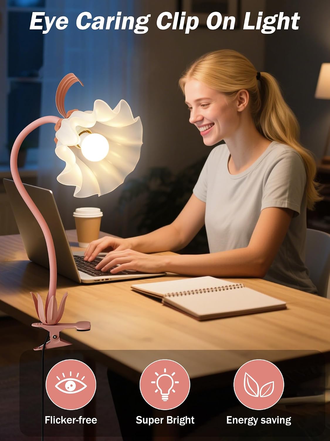 Desk Lamp Flower Clip on Light,3 Color Modes Book Light Flexible Gooseneck LED Reading Light with Clamp Eye-Care Clip on Lamp for Bed Headboard Study Office Dorm (Pink Lamp)
