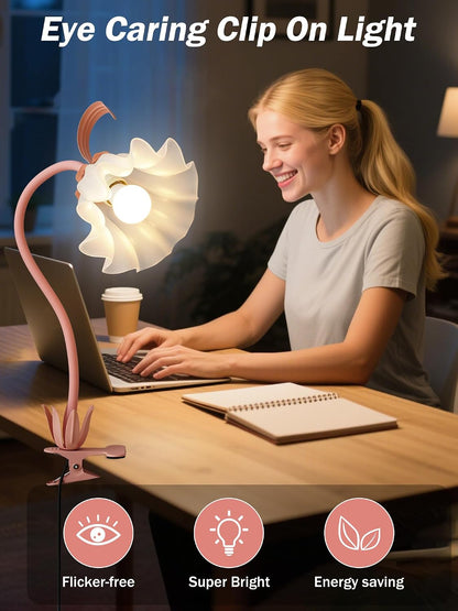 Desk Lamp Flower Clip on Light,3 Color Modes Book Light Flexible Gooseneck LED Reading Light with Clamp Eye-Care Clip on Lamp for Bed Headboard Study Office Dorm (Pink Lamp)