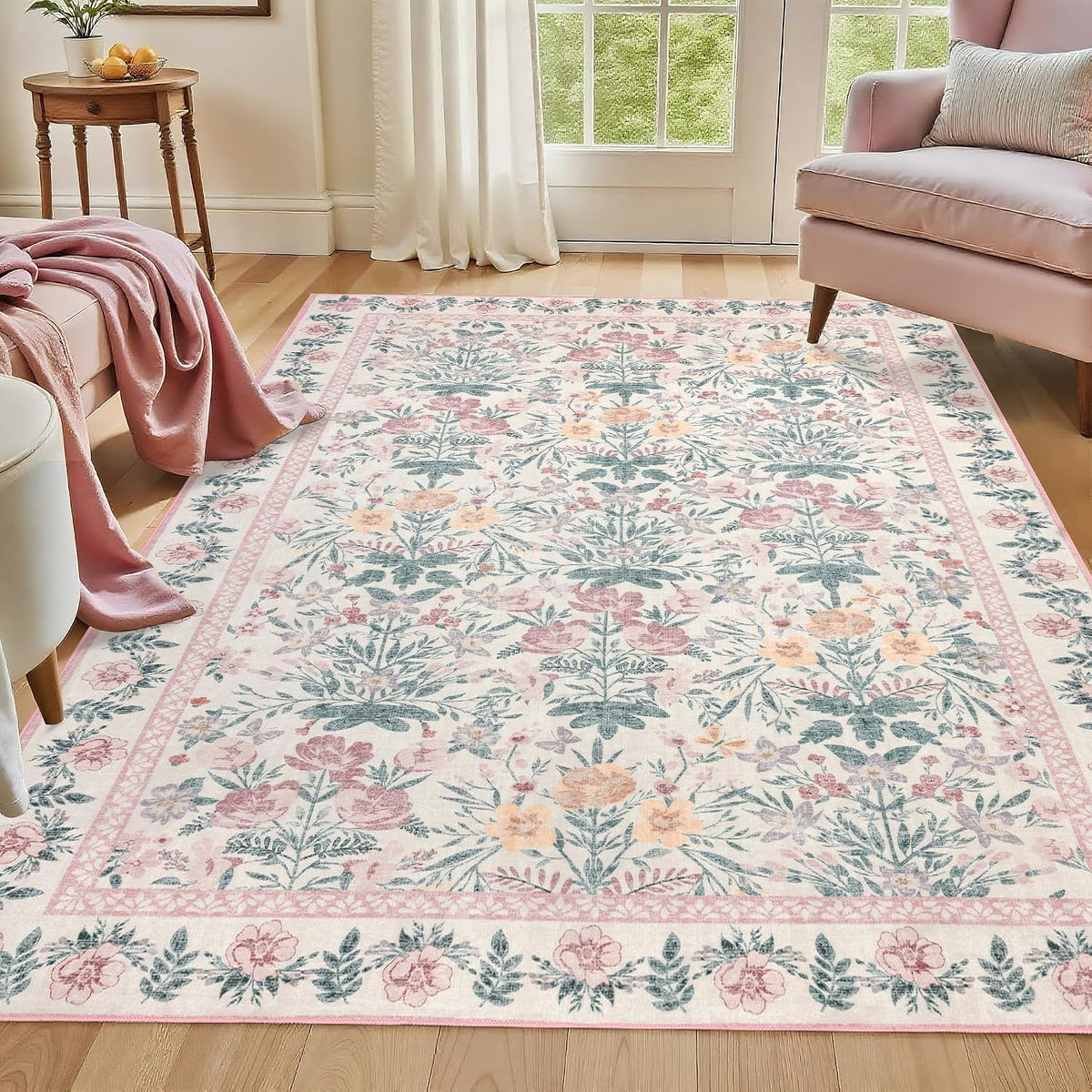 Floral Living Room Rug 5x7: Pink Soft Washable Carpet for Women Home Decor