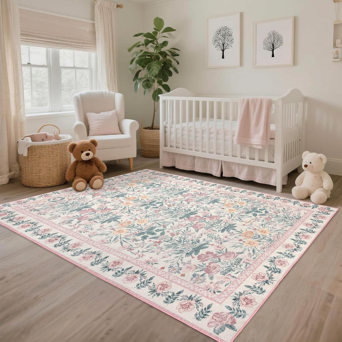 Floral Living Room Rug 5x7: Pink Soft Washable Carpet for Women Home Decor