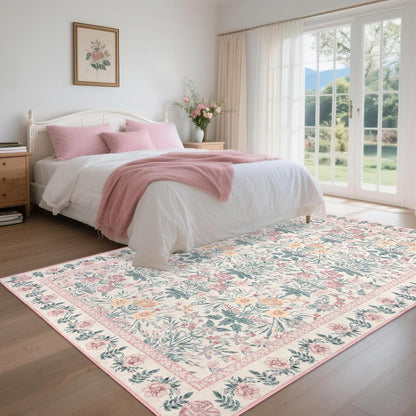 Floral Living Room Rug 5x7: Pink Soft Washable Carpet for Women Home Decor