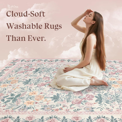 Floral Living Room Rug 5x7: Pink Soft Washable Carpet for Women Home Decor