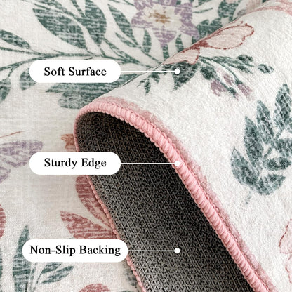 Floral Living Room Rug 5x7: Pink Soft Washable Carpet for Women Home Decor