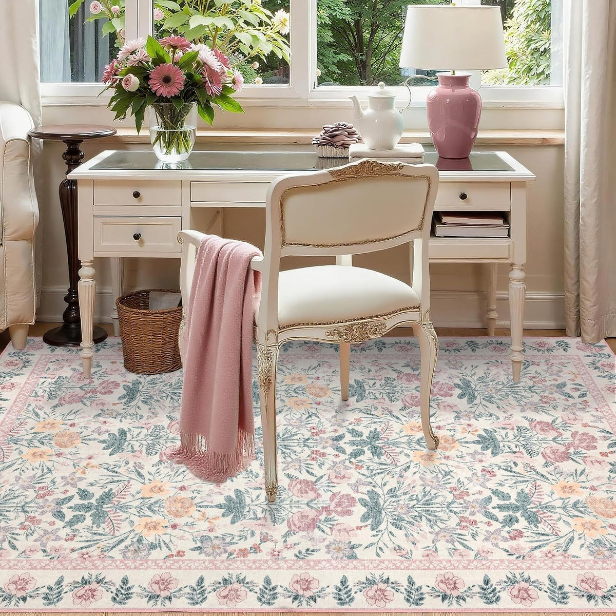 Floral Living Room Rug 5x7: Pink Soft Washable Carpet for Women Home Decor