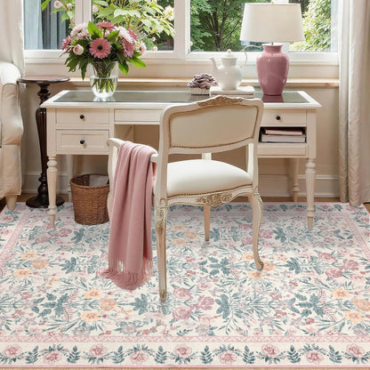 Floral Living Room Rug 5x7: Pink Soft Washable Carpet for Women Home Decor
