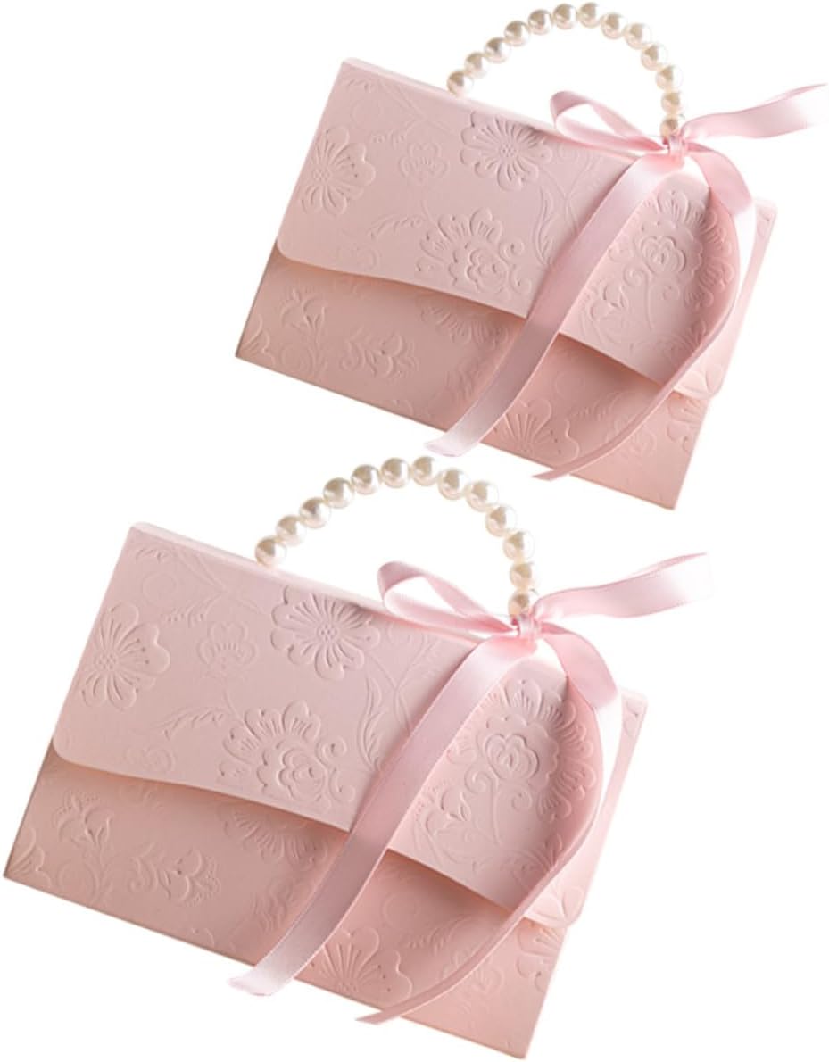 GLEAVI Flower Box Set 2pcs Small and Medium Pink Paper Boxes with Embossed Floral Pattern and Pearl Chain for Wedding Party Candy Packaging and Decoration