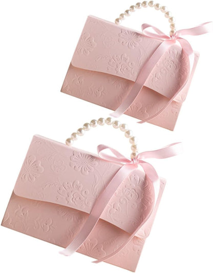 GLEAVI Flower Box Set 2pcs Small and Medium Pink Paper Boxes with Embossed Floral Pattern and Pearl Chain for Wedding Party Candy Packaging and Decoration