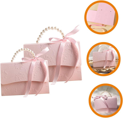 GLEAVI Flower Box Set 2pcs Small and Medium Pink Paper Boxes with Embossed Floral Pattern and Pearl Chain for Wedding Party Candy Packaging and Decoration