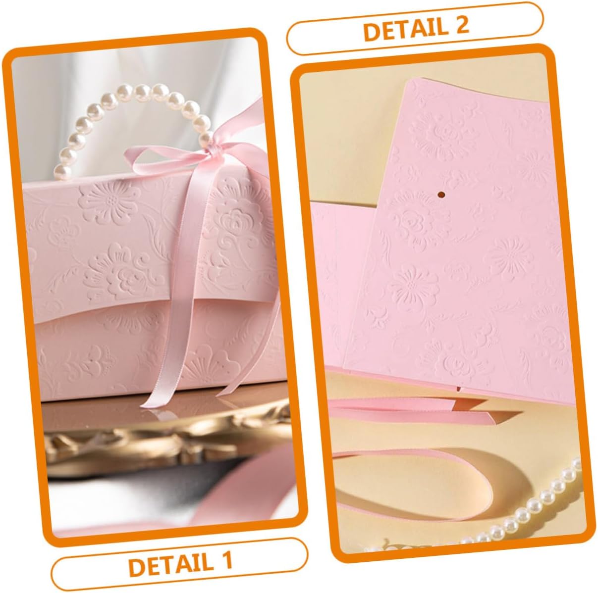 GLEAVI Flower Box Set 2pcs Small and Medium Pink Paper Boxes with Embossed Floral Pattern and Pearl Chain for Wedding Party Candy Packaging and Decoration