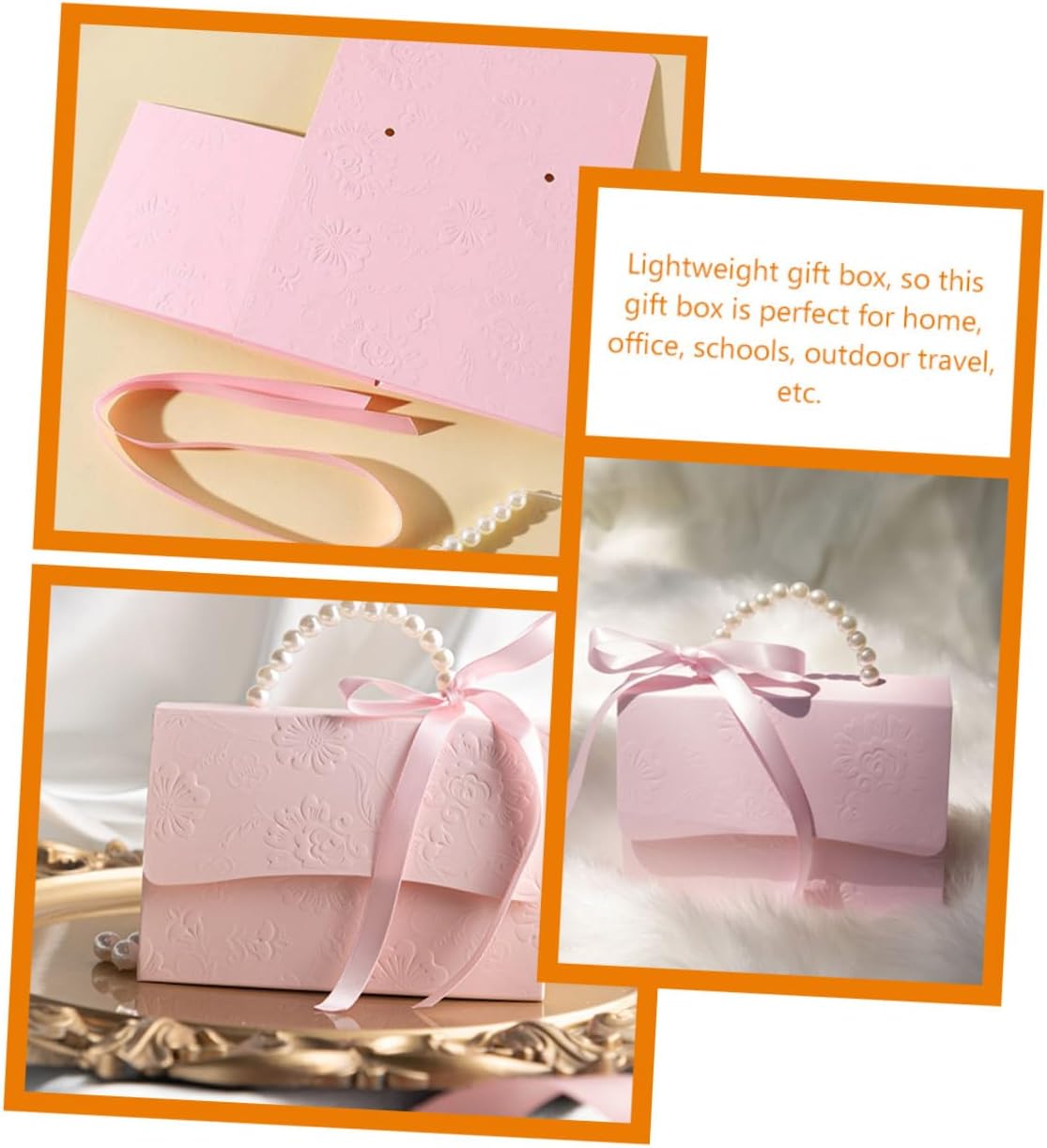 GLEAVI Flower Box Set 2pcs Small and Medium Pink Paper Boxes with Embossed Floral Pattern and Pearl Chain for Wedding Party Candy Packaging and Decoration