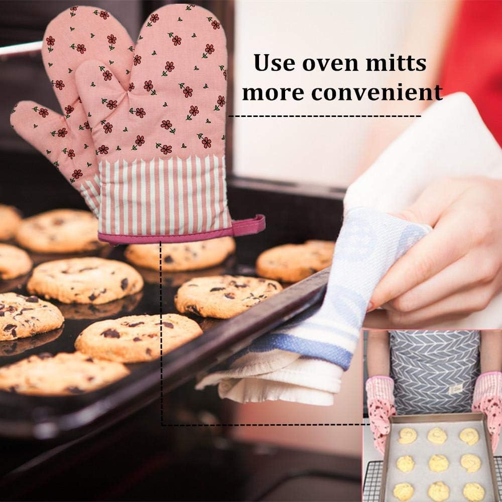 Oven Mitts, Heat Resistant Oven Gloves with Quilted Cotton Lining, Baking Mitts for Barbecue, Cooking, Baking, BBQ, Mimicrowave (Pink)