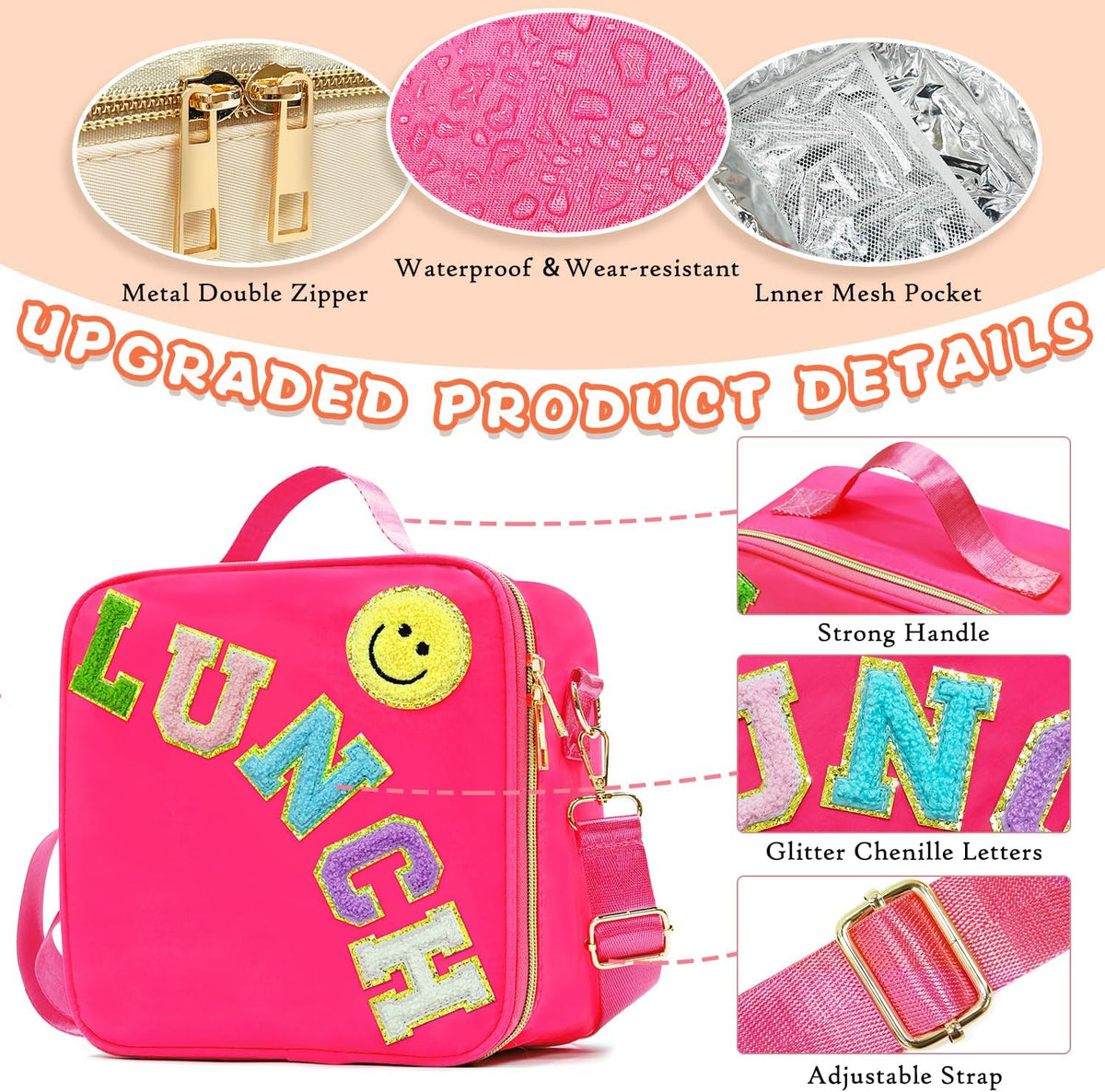 LOKFAR Insulated Lunch Bag Women Lunch Box Kids for Teen Girls Boys, Cute Preppy Lunch Boxes With Adjustable Shoulder Strap, Waterproof Nylon Lunchbox Lunch Bags for School Work Picnic (Rose Red)