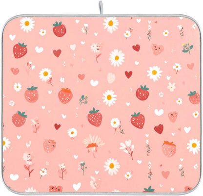 Pastel Pink Daisy Strawberry Hearts Dish Drying Mat for Kitchen Counter Kitchen Drying Mat Dish Rack Mat Dish Drainer Pad Microfiber Absorbent Washable Drying Pad for Countertop 16 x 18