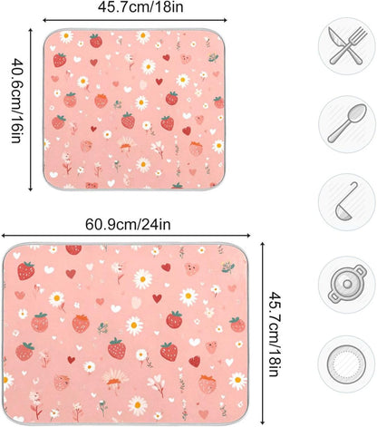 Pastel Pink Daisy Strawberry Hearts Dish Drying Mat for Kitchen Counter Kitchen Drying Mat Dish Rack Mat Dish Drainer Pad Microfiber Absorbent Washable Drying Pad for Countertop 16 x 18