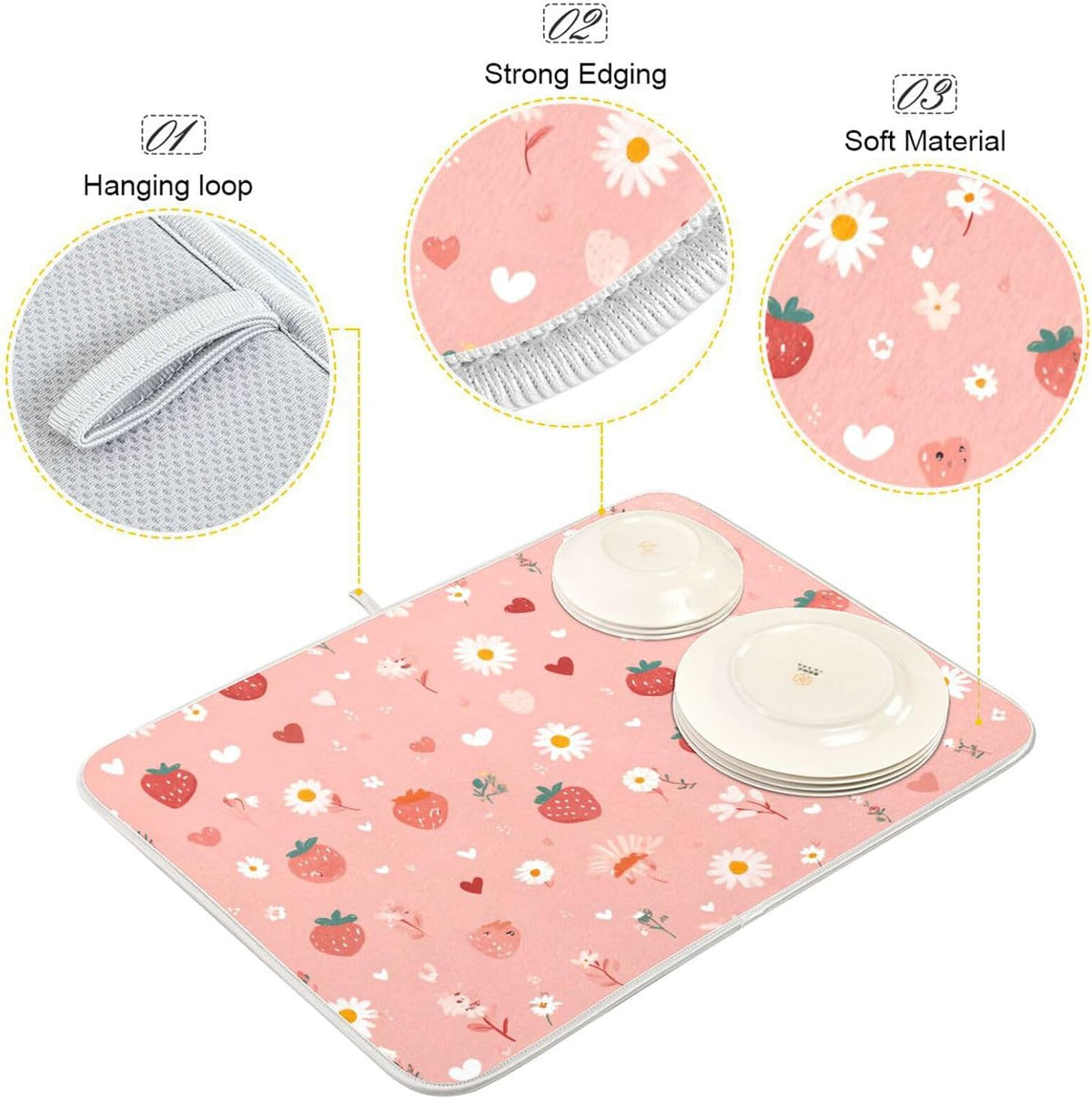 Pastel Pink Daisy Strawberry Hearts Dish Drying Mat for Kitchen Counter Kitchen Drying Mat Dish Rack Mat Dish Drainer Pad Microfiber Absorbent Washable Drying Pad for Countertop 16 x 18