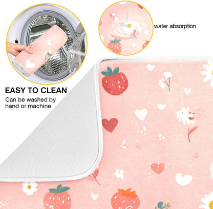 Pastel Pink Daisy Strawberry Hearts Dish Drying Mat for Kitchen Counter Kitchen Drying Mat Dish Rack Mat Dish Drainer Pad Microfiber Absorbent Washable Drying Pad for Countertop 16 x 18