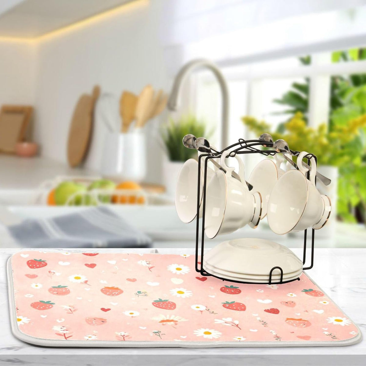 Pastel Pink Daisy Strawberry Hearts Dish Drying Mat for Kitchen Counter Kitchen Drying Mat Dish Rack Mat Dish Drainer Pad Microfiber Absorbent Washable Drying Pad for Countertop 16 x 18