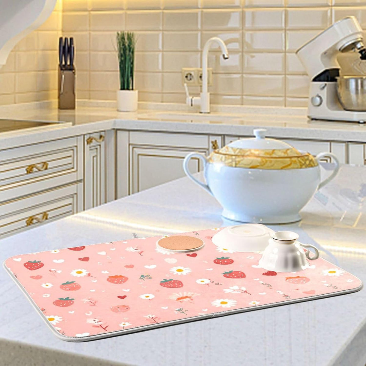 Pastel Pink Daisy Strawberry Hearts Dish Drying Mat for Kitchen Counter Kitchen Drying Mat Dish Rack Mat Dish Drainer Pad Microfiber Absorbent Washable Drying Pad for Countertop 16 x 18
