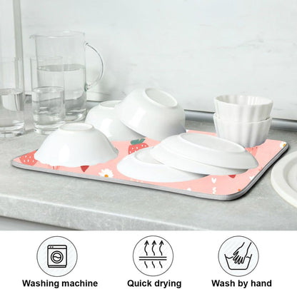 Pastel Pink Daisy Strawberry Hearts Dish Drying Mat for Kitchen Counter Kitchen Drying Mat Dish Rack Mat Dish Drainer Pad Microfiber Absorbent Washable Drying Pad for Countertop 16 x 18