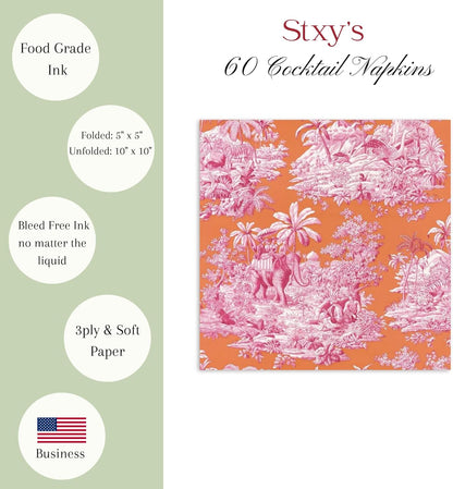 (3ply) 50ct Toile Cocktail Napkins Pink and Orange French Toile Paper Napkins Fun Cocktail Napkin set for cute orange and pink party decorations, girls baby shower