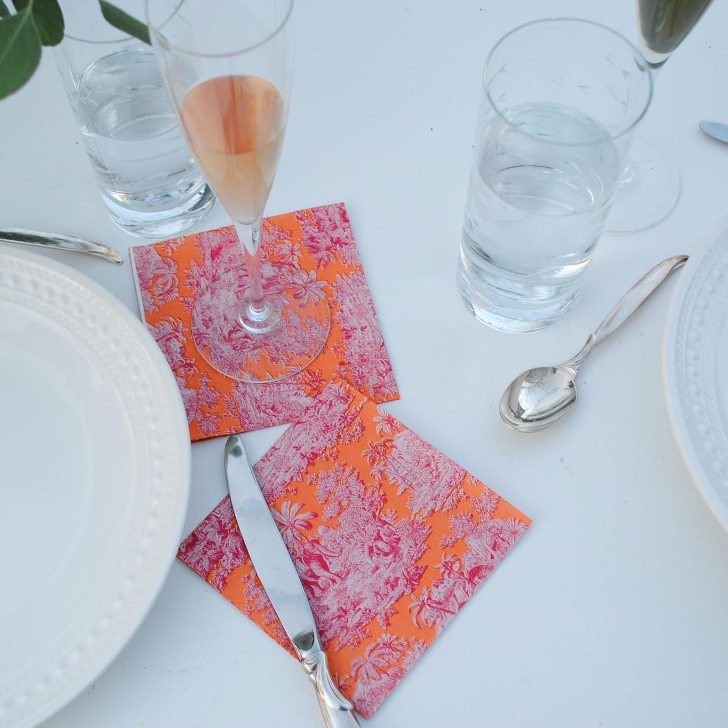 (3ply) 50ct Toile Cocktail Napkins Pink and Orange French Toile Paper Napkins Fun Cocktail Napkin set for cute orange and pink party decorations, girls baby shower