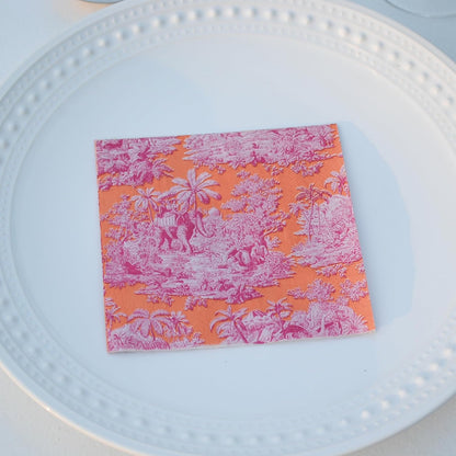 (3ply) 50ct Toile Cocktail Napkins Pink and Orange French Toile Paper Napkins Fun Cocktail Napkin set for cute orange and pink party decorations, girls baby shower