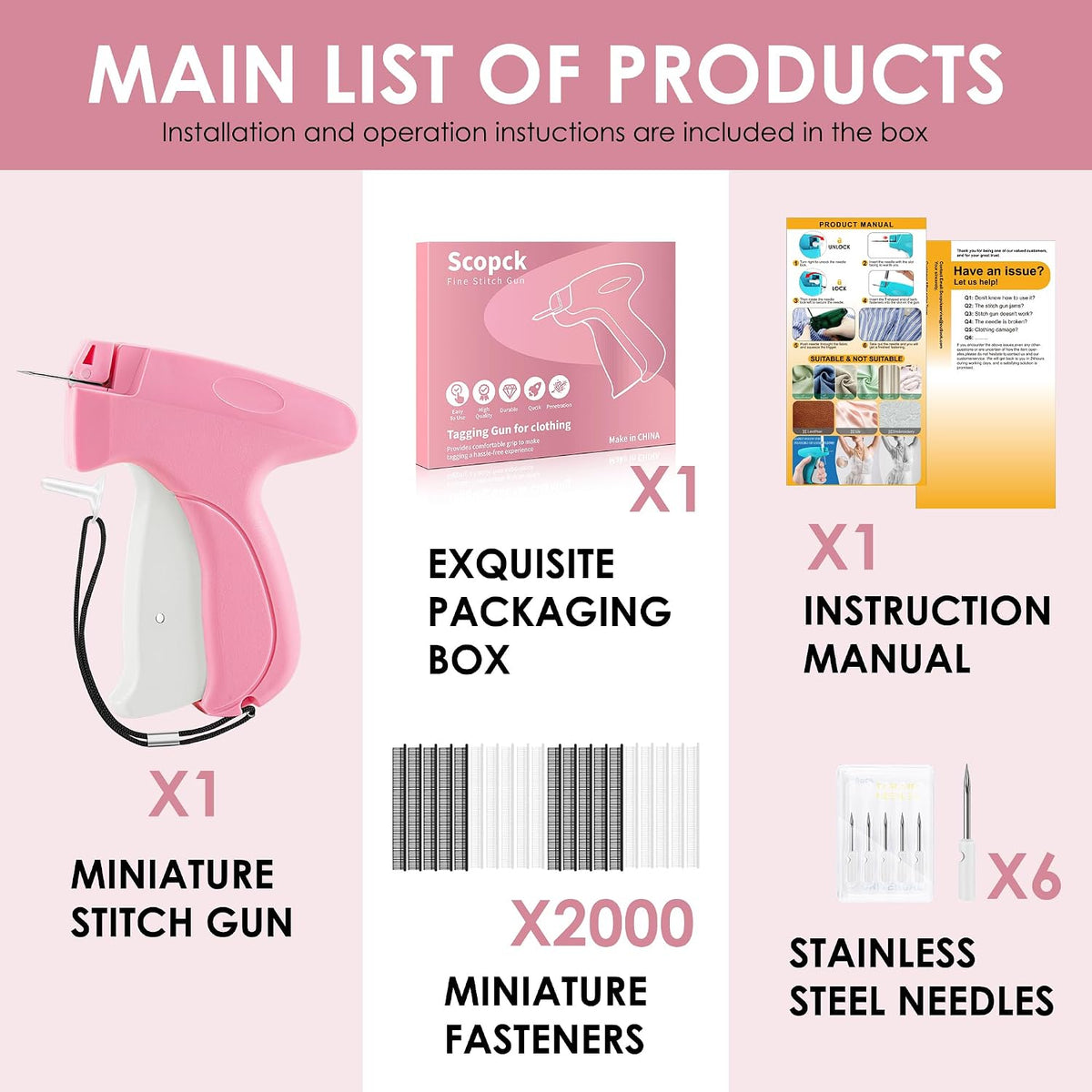 Stitch Gun for Clothes - Handheld Stitch Gun Quick Clothing Fixer - Tagging Gun - Includes 6 Needle, 1000 Black Fasteners & 1000 White Fasteners