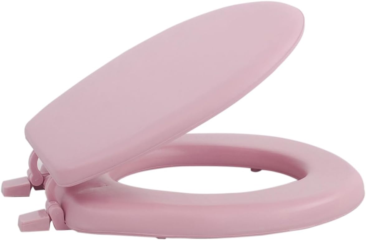 Vinyl Round Soft Toilet Seat, Adjustable Hinges Toilet Seats with Non Slip Grip Tight Bumpers, Standard Heavy Duty Plastic Bathroom Toilet Seat Close Lid Set, Pink
