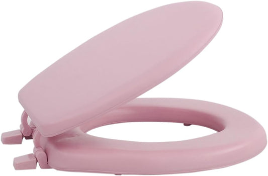 Vinyl Round Soft Toilet Seat, Adjustable Hinges Toilet Seats with Non Slip Grip Tight Bumpers, Standard Heavy Duty Plastic Bathroom Toilet Seat Close Lid Set, Pink