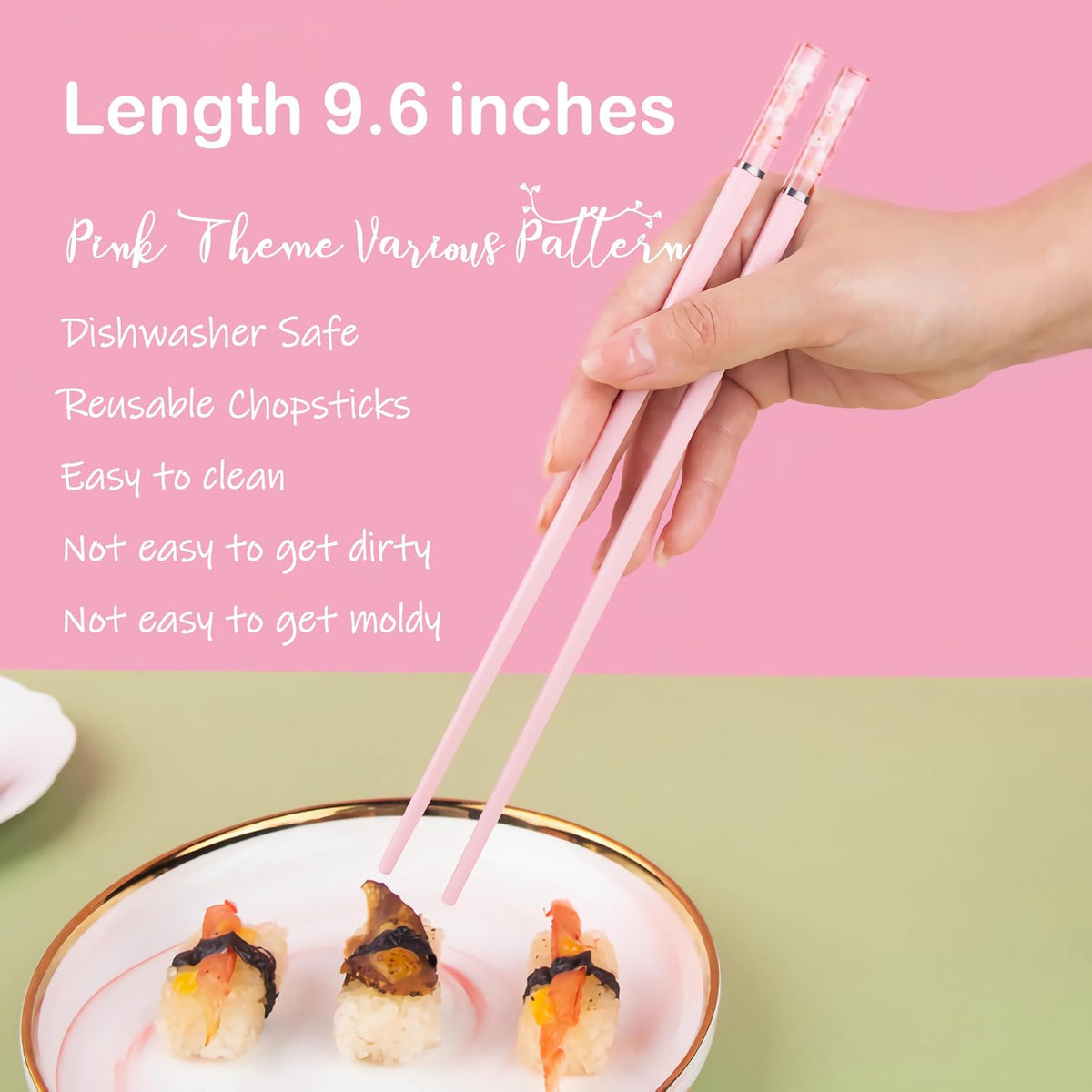 5 Pairs Pink Fiberglass Chopsticks Japanese Korean Chopstick Reusable Non-Slip Dishwasher Safe, 9.6 Inches Long, 5 Patterns